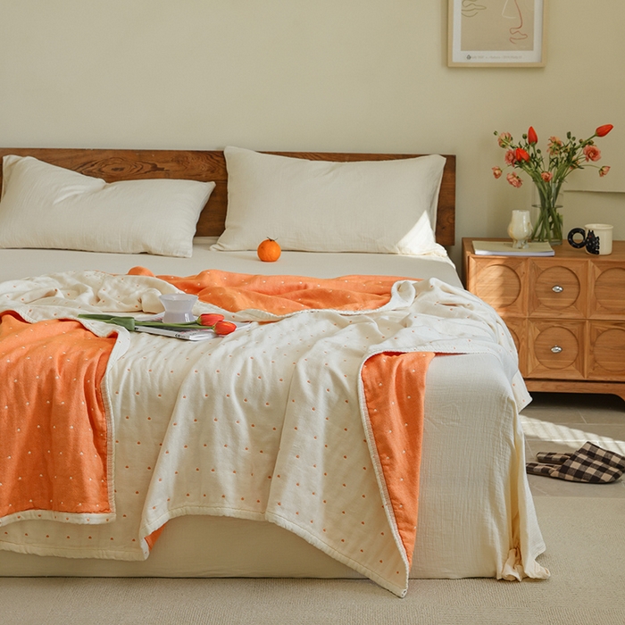 91家纺网 家纺一手货源 找家纺 雯雨2025新款A类全棉四层爱心刺绣纱布毛巾被 爱心白+橙色