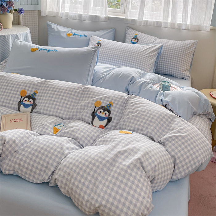 91家纺网 家纺一手货源 找家纺 星座家纺 2025新款水洗棉毛巾绣四件套 精灵企鹅