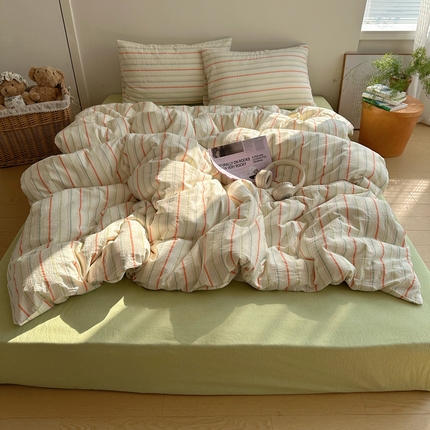 91家纺网 家纺一手货源 找家纺 艾咪-Amy ntmy 2025新款条纹款全棉色织水洗棉四件套 且乐橙