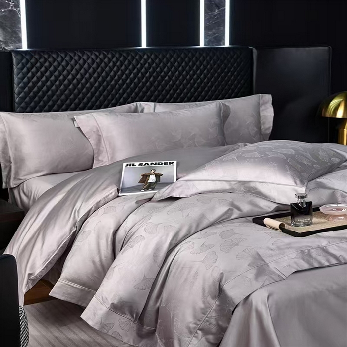 91家纺网 家纺一手货源 找家纺 优品阁 2024新款长绒棉贡缎提花--欧式轻奢提花系列叶叶情深-淡雅灰