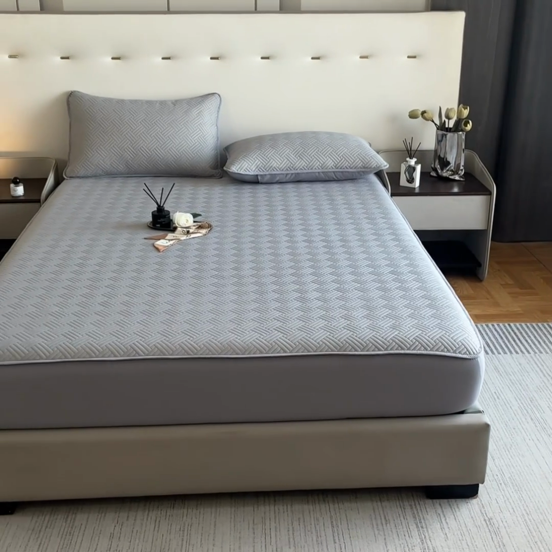 91家纺网 家纺一手货源 找家纺 梵克保罗 2025新款凉感丝床笠凉席三件套--饼干系列 灰色