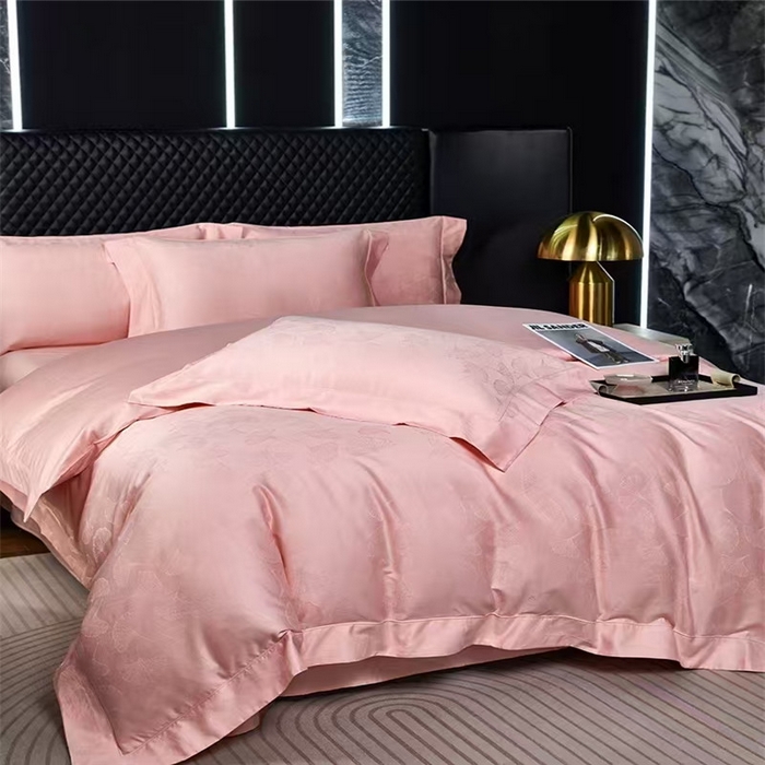 91家纺网 家纺一手货源 找家纺 优品阁 2024新款长绒棉贡缎提花--欧式轻奢提花系列叶叶情深-粉玉