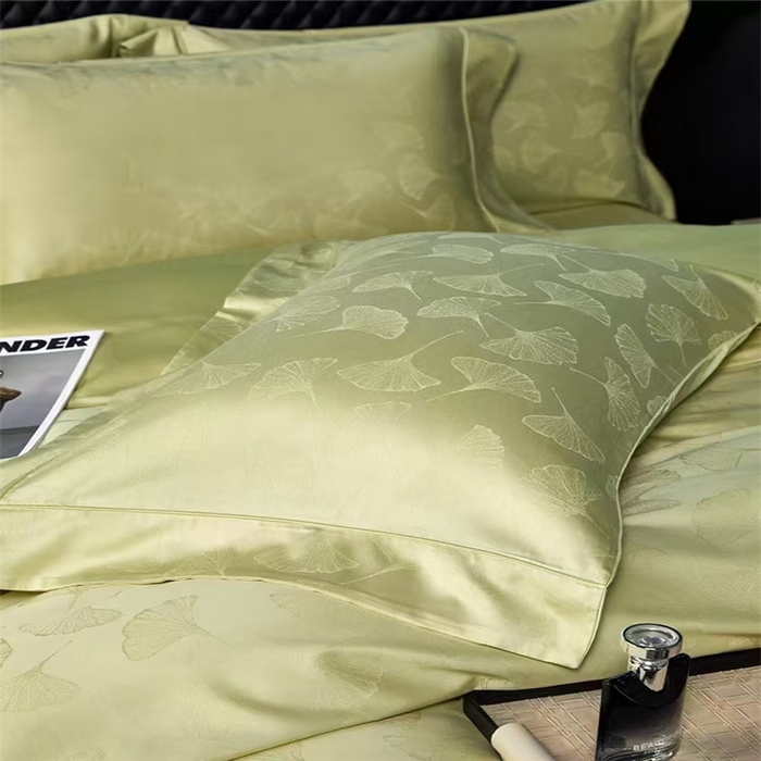 91家纺网 家纺一手货源 找家纺 优品阁 2024新款长绒棉贡缎提花--欧式轻奢提花系列叶叶情深-牛油果绿