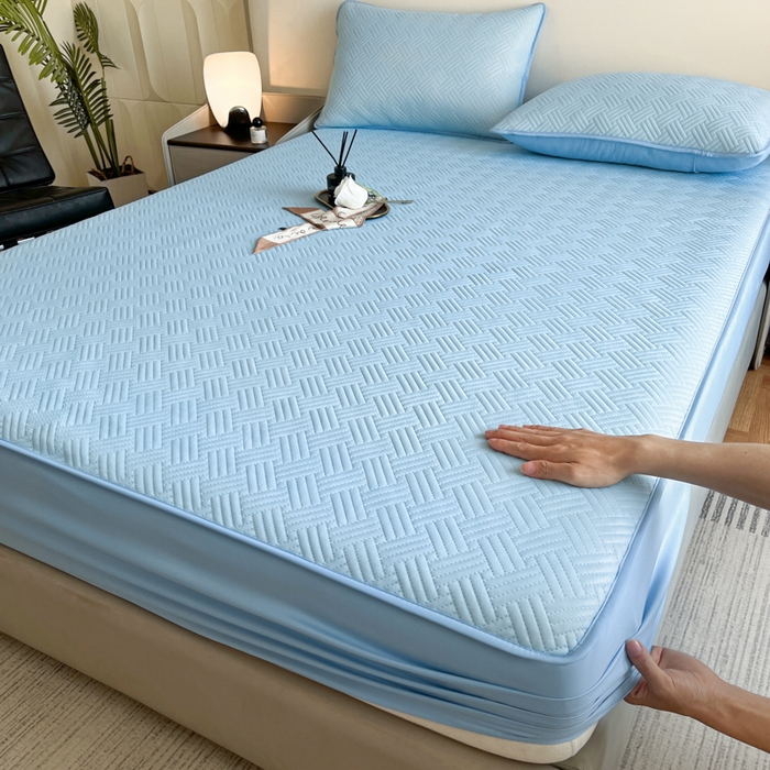 91家纺网 家纺一手货源 找家纺 梵克保罗 2025新款凉感丝床笠凉席三件套--饼干系列 天蓝