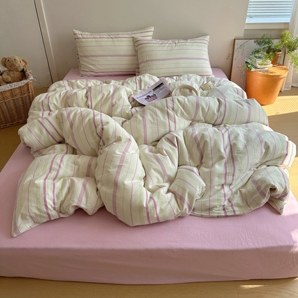 91家纺网 家纺一手货源 找家纺 艾咪-Amy ntmy 2025新款条纹款全棉色织水洗棉四件套 漫悠绿紫