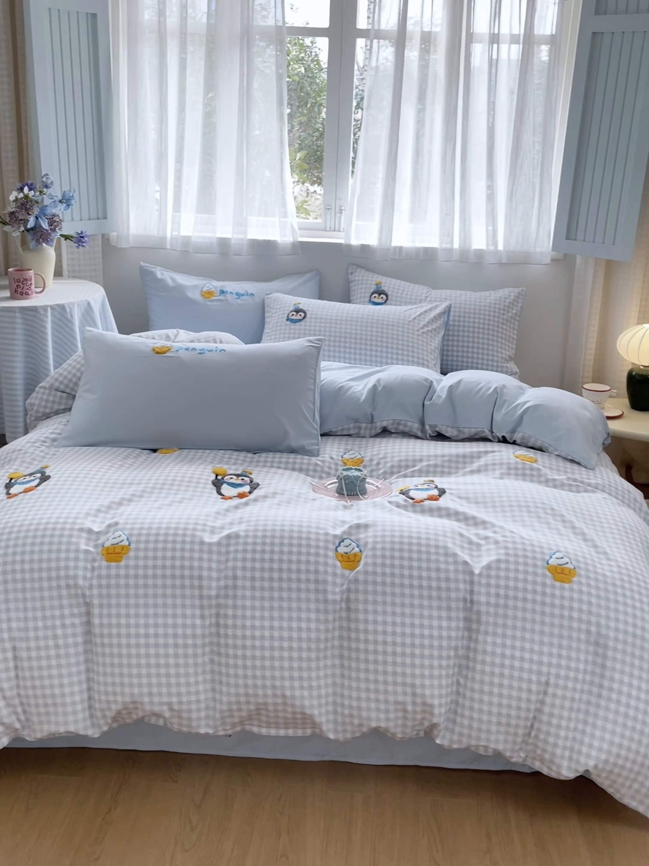 91家纺网 家纺一手货源 找家纺 星座家纺 2025新款水洗棉毛巾绣四件套 精灵企鹅