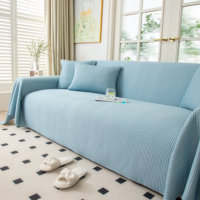 91家纺网 家纺一手货源 找家纺 沐沐家纺 2026新款冰豆豆华夫格沙发巾 蓝色