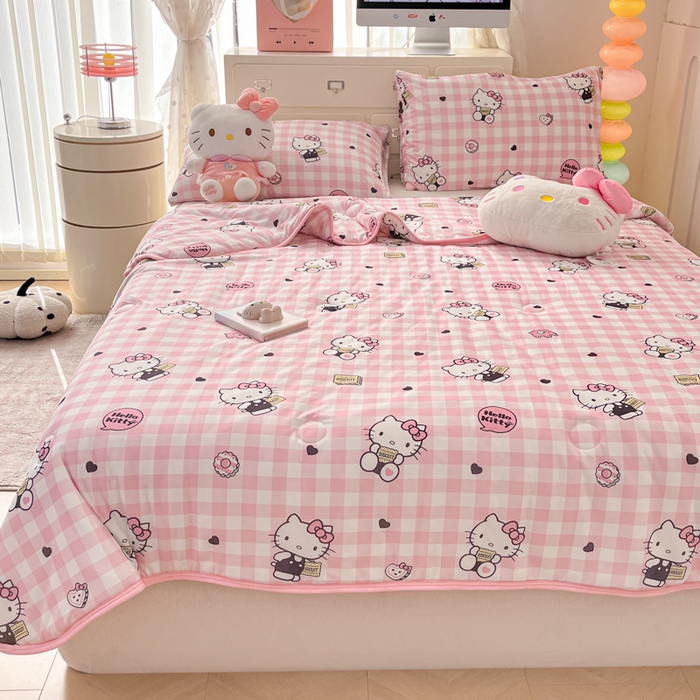 91家纺网 家纺一手货源 找家纺 暮思家居 2025新款正版授权三丽鸥A类牛奶针织棉夏被子被芯 针织棉-粉格KT