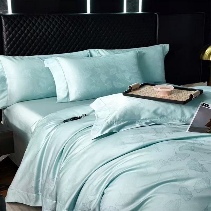 91家纺网 家纺一手货源 找家纺 优品阁 2024新款长绒棉贡缎提花--欧式轻奢提花系列叶叶情深-月光蓝