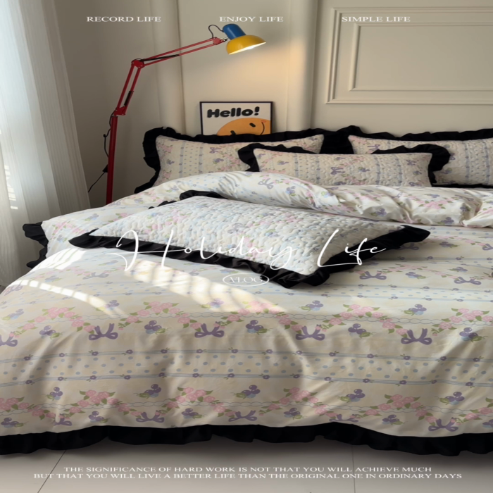 91家纺网 家纺一手货源 找家纺 蝶帕家纺 2025新款法式赫本风韩版花边水洗棉床盖四件套 氧气周末