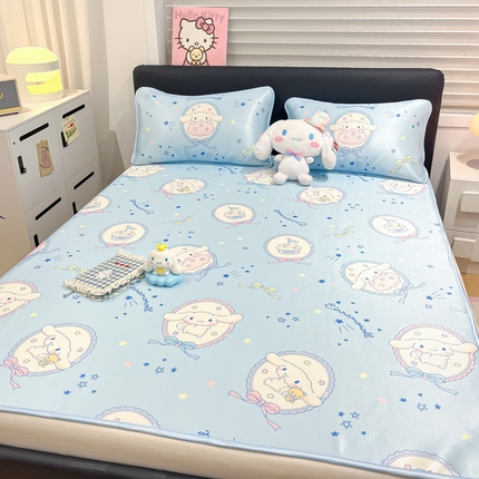 暮思家居 2025新款三丽鸥正版授权数码印花A类可机洗1200D冰丝凉席三件套平铺款系列 平铺款-蓝色玉桂狗