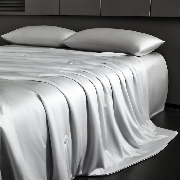 91家纺网 家纺一手货源 找家纺 雯豆家纺 2025夏季新品锦纶+氨纶高档冰丝凉感夏被空调被7A抗菌薄被芯 冰芙绸夏被-月光灰