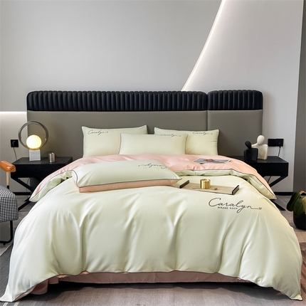 91家纺网 家纺一手货源 找家纺 2025新款水洗磨毛刺绣四件套-慕斯 烟青+樱花粉