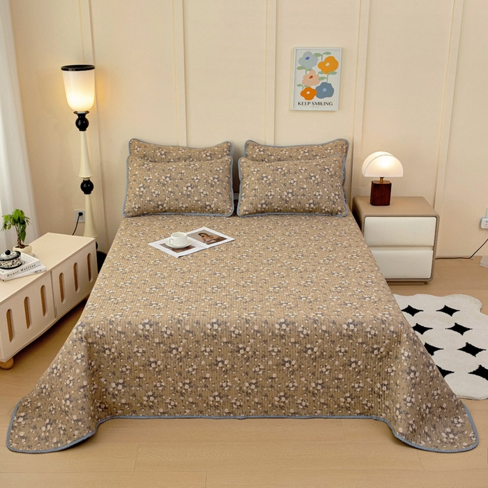 91家纺网 家纺一手货源 找家纺 情煊家纺 2025新款双面全棉夹棉床盖三件套 茶野