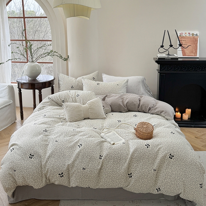 91家纺网 家纺一手货源 找家纺 时年家纺 2025新款全棉有氧双层纱四件套-碎花系列 白茶籽