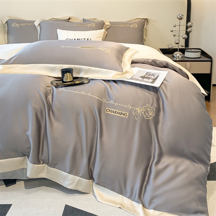 91家纺网 家纺一手货源 找家纺 2025春季新款亲肤水洗真丝刺绣四件套-罗伊莎 中灰-奶茶