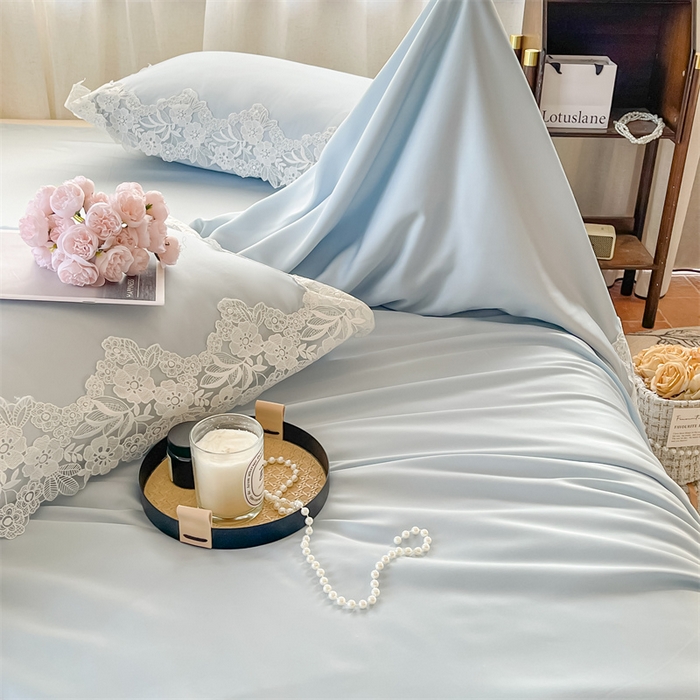 91家纺网 家纺一手货源 找家纺 雯豆家纺 2025夏季新品天丝蕾丝花边款夏被四件套夏天凉感薄被空调被 米娅-气泡蓝