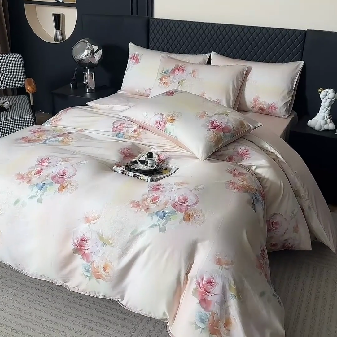 91家纺网 家纺一手货源 找家纺 氧家 2025新款60s贡缎长绒棉数码印花四件套（礼盒装） 芙贝拉