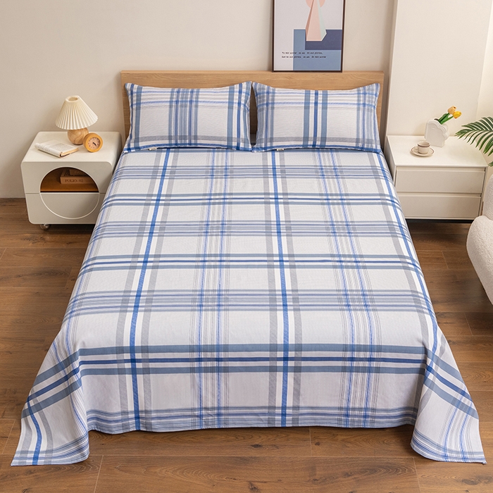 91家纺网 家纺一手货源 找家纺 2025新款老粗布床单老粗布凉席三件套系列-床单 格韵-蓝