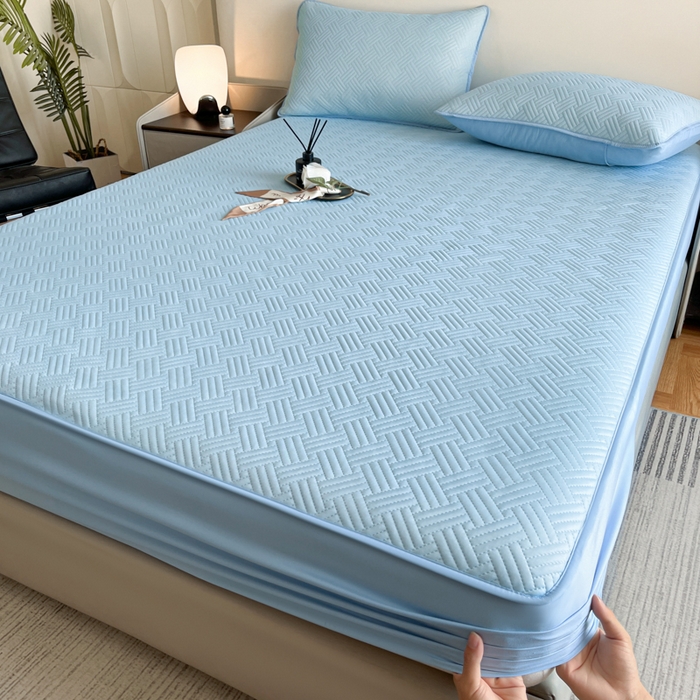 91家纺网 家纺一手货源 找家纺 梵克保罗 2025新款凉感丝床笠饼干系列凉席枕套 天蓝