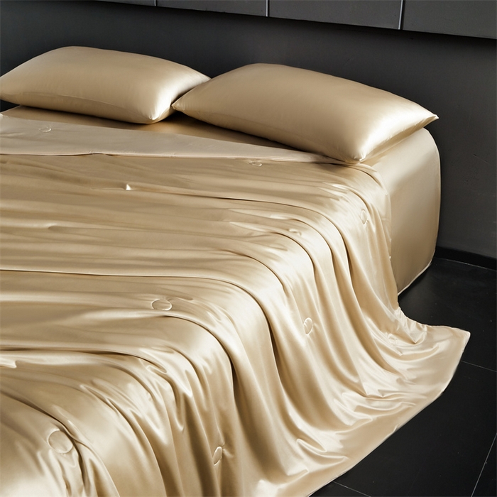 91家纺网 家纺一手货源 找家纺 雯豆家纺 2025夏季新品锦纶+氨纶高档冰丝凉感夏被空调被7A抗菌薄被芯 冰芙绸夏被-琥珀金