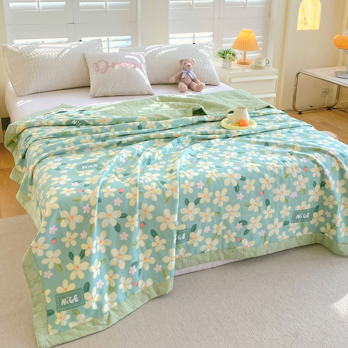 91家纺网 家纺一手货源 找家纺 （自己工厂 有网销大热款 网销帮推可合作优惠）2025新款全棉夏被空调被夏凉被纯棉夏季儿童棉花薄被子 花满城-绿