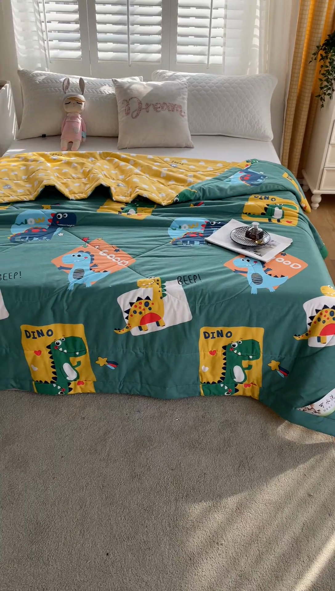 91家纺网 家纺一手货源 找家纺 （自己工厂 有网销大热款 网销帮推可合作优惠）2025新款全棉夏被空调被夏凉被纯棉夏季儿童棉花薄被子 恐龙家族-绿