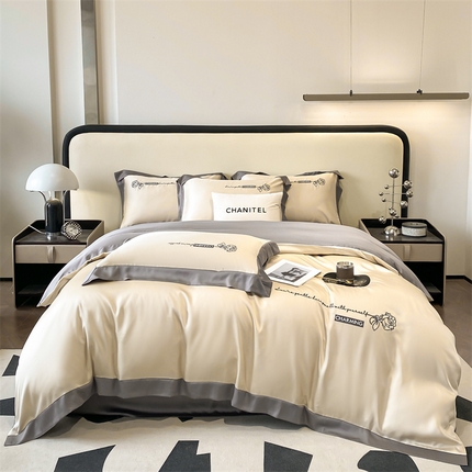 2025春季新款亲肤水洗真丝刺绣四件套-罗伊莎 奶茶色-中灰