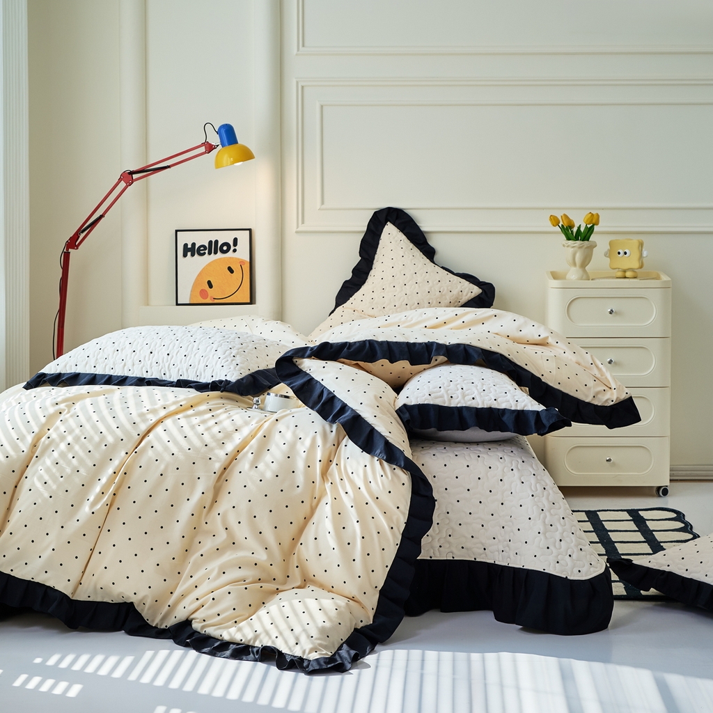 91家纺网 家纺一手货源 找家纺 蝶帕家纺 2025新款法式赫本风韩版花边水洗棉床盖四件套 点点爱