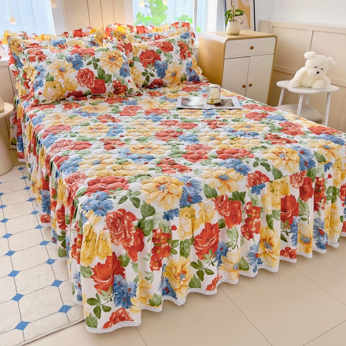 91家纺网 家纺一手货源 找家纺 2025新款全棉夹棉床裙 锦绣年华