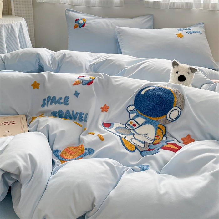 91家纺网 家纺一手货源 找家纺 星座家纺 2025新款水洗棉毛巾绣四件套 太空旅行