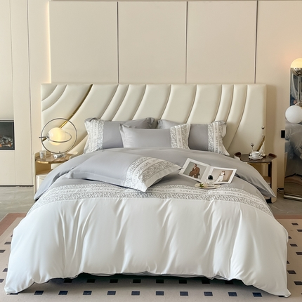 yyds网供 2025新款礼盒装水洗冰丝拼接刺绣法式奢四件套AB版双拼春夏[礼盒装，会员-5] 绣花拼接-轻奢灰