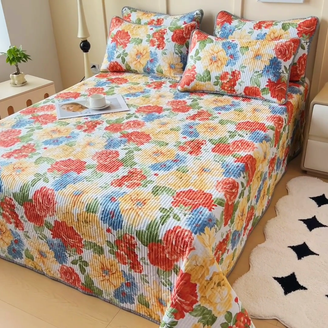 91家纺网 家纺一手货源 找家纺 情煊家纺 2025新款双面全棉夹棉床盖三件套 锦绣年华