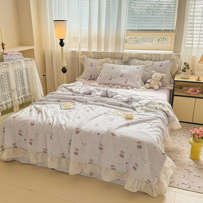 91家纺网 家纺一手货源 找家纺 芯贝儿 2025新款提花针织水洗m双层纱夏被四件套 可爱狗