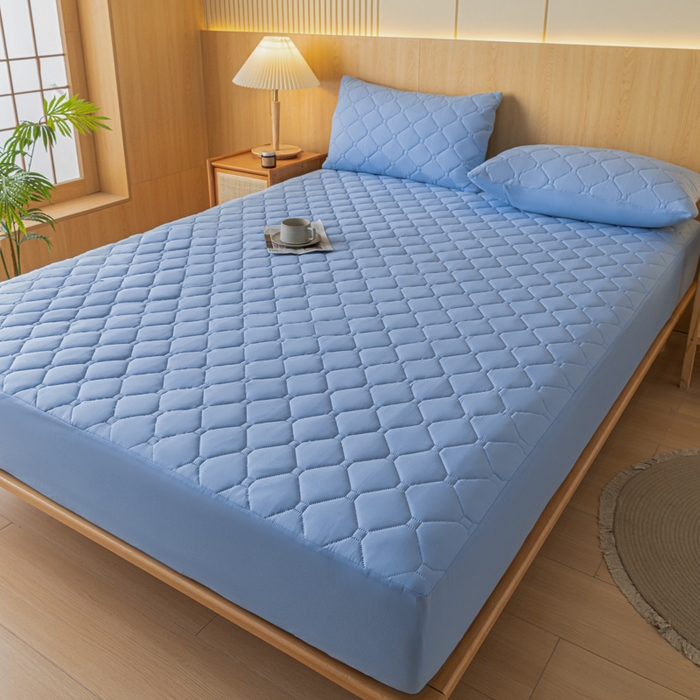 91家纺网 家纺一手货源 找家纺 梵克保罗 2025新款纯色加棉防水大豆纤维床笠 天蓝