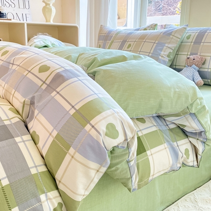 念家居 2025新款直播爆款三件套印花小清新13070全棉四件套 爱心格-绿