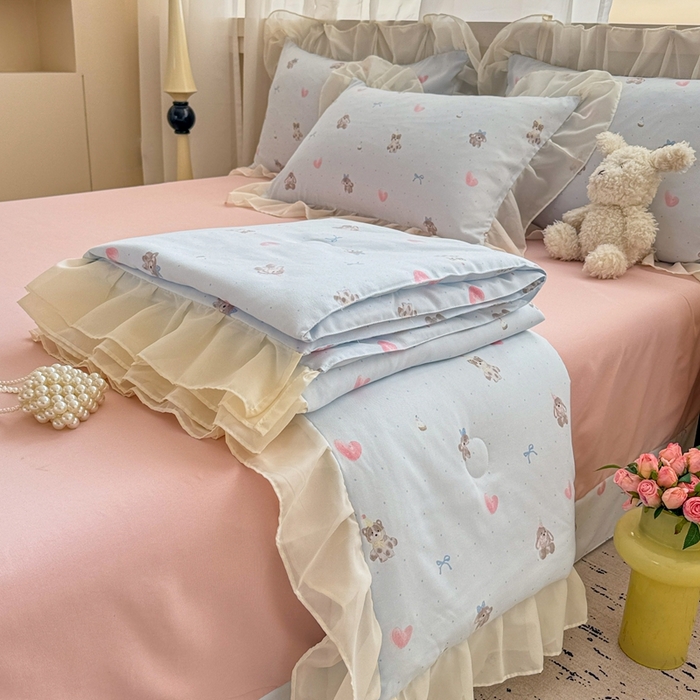 91家纺网 家纺一手货源 找家纺 芯贝儿 2025新款提花针织水洗m双层纱夏被四件套 萌宠