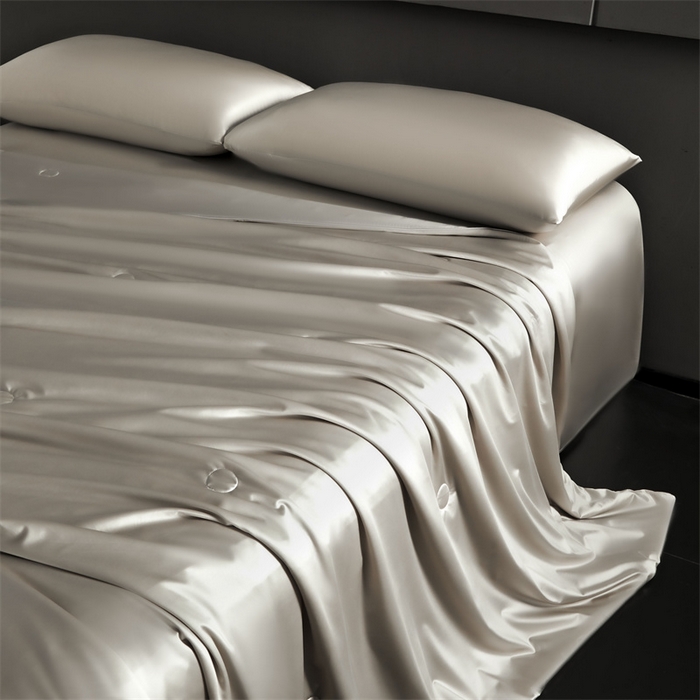 91家纺网 家纺一手货源 找家纺 雯豆家纺 2025夏季新品锦纶+氨纶高档冰丝凉感夏被空调被7A抗菌薄被芯 冰芙绸夏被-奢华槟