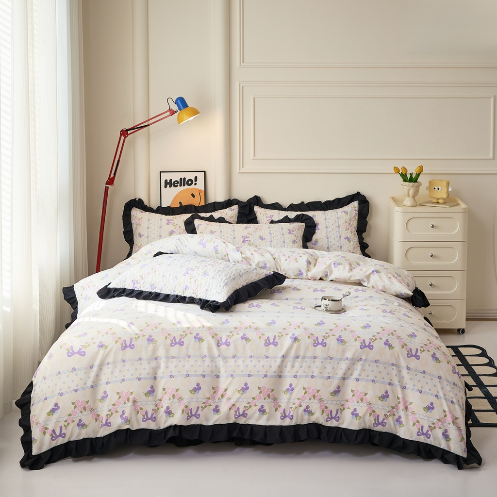 91家纺网 家纺一手货源 找家纺 蝶帕家纺 2025新款法式赫本风韩版花边水洗棉床盖四件套 氧气周末