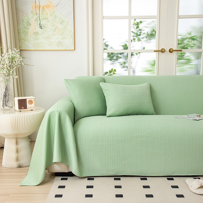 91家纺网 家纺一手货源 找家纺 沐沐家纺 2026新款冰豆豆华夫格沙发巾 绿色