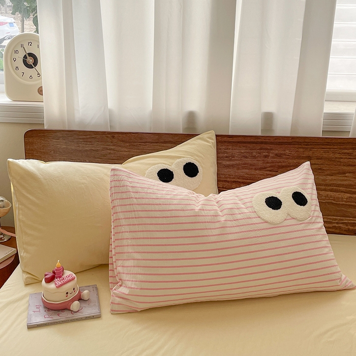 91家纺网 家纺一手货源 找家纺 桃心家居 2025新款云柔水洗棉毛巾绣大豆单夏被夏被四件套 水洗棉-大眼睛夏被粉粉条奶黄