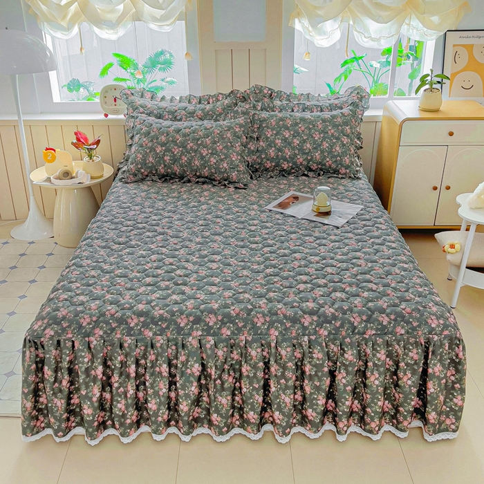 91家纺网 家纺一手货源 找家纺 2025新款全棉夹棉床裙 白兰地