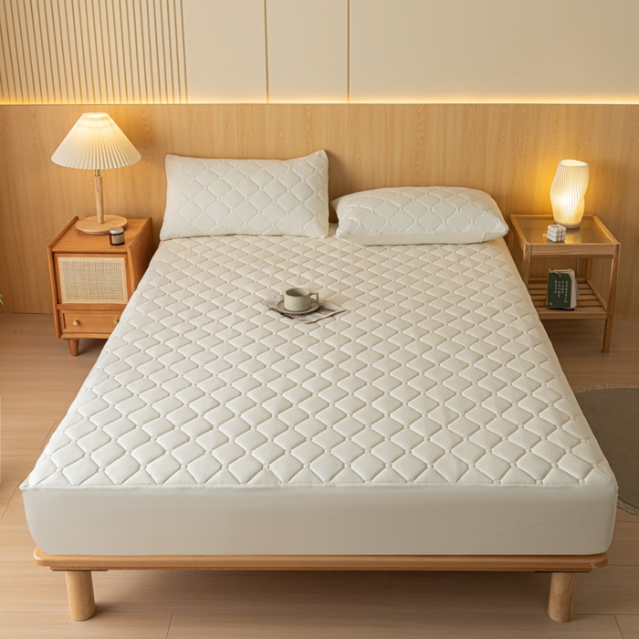 91家纺网 家纺一手货源 找家纺 梵克保罗 2025新款纯色加棉防水大豆纤维床笠 奶油白