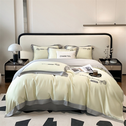 91家纺网 家纺一手货源 找家纺 2025春季新款亲肤水洗真丝刺绣四件套-罗伊莎 青提-烟灰