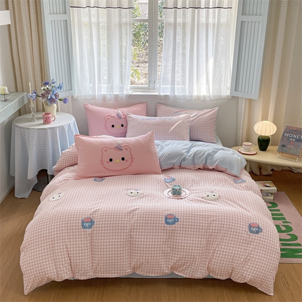 星座家纺 2025新款水洗棉毛巾绣四件套 笑脸KT 粉蓝