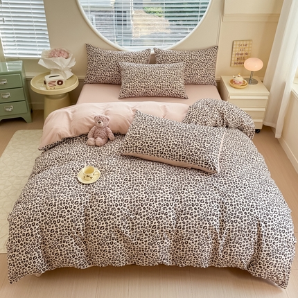 （买家秀爆款花型不断货）2025年新款A类母婴级针织棉双层纱印花被套三件套全棉纯棉被套纯色床笠四件套 小豹纹