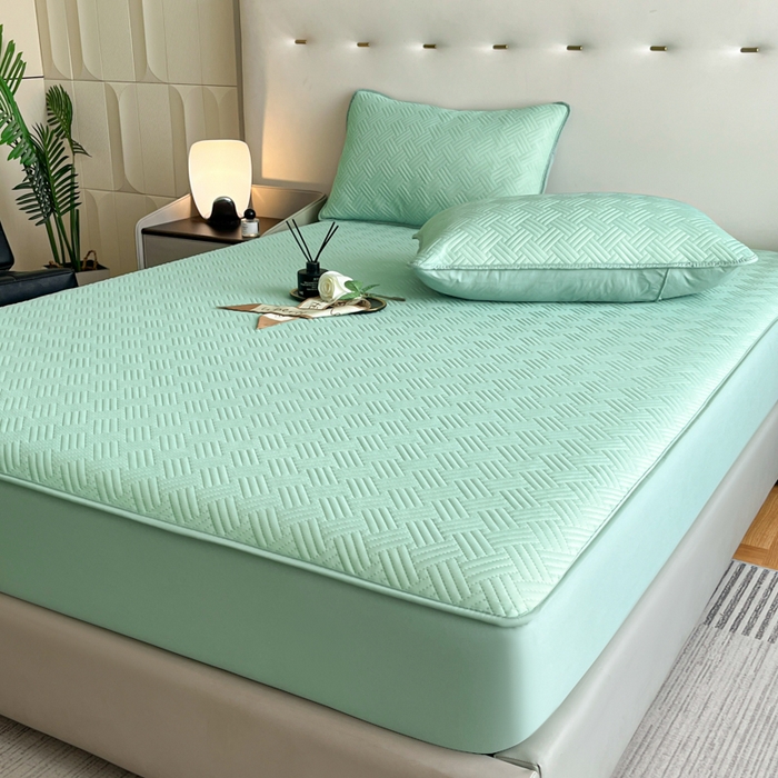 91家纺网 家纺一手货源 找家纺 梵克保罗 2025新款凉感丝床笠饼干系列凉席枕套 绿色