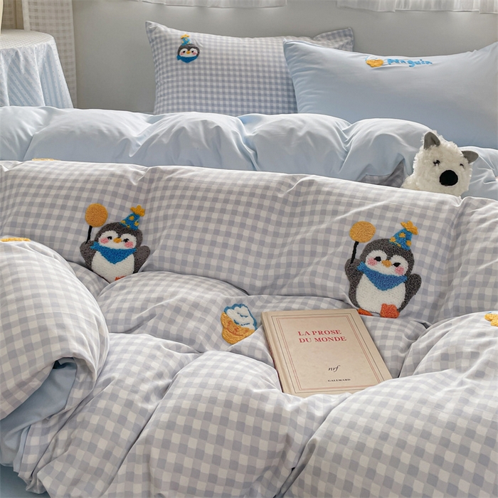 91家纺网 家纺一手货源 找家纺 星座家纺 2025新款水洗棉毛巾绣四件套 精灵企鹅