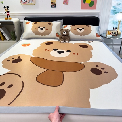 丝羽坊 2025新款大版印花冰丝凉席冰丝席碳光冰丝凉席-平铺款 咖啡小熊