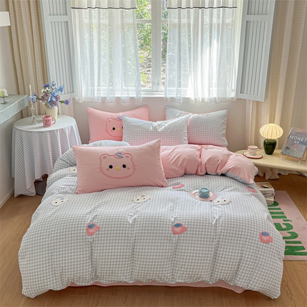 星座家纺 2025新款水洗棉毛巾绣四件套 笑脸KT 蓝粉